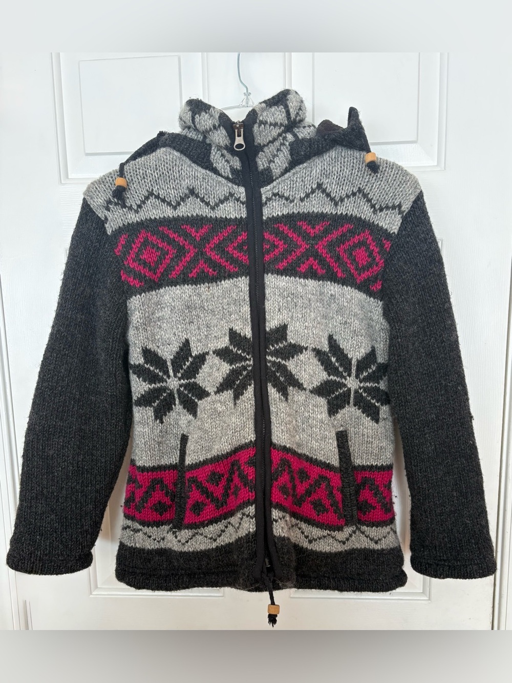 100% Wool Full Zip Sweater Jacket Hooded Women’s M  Nordic Nepal Fleece Boho